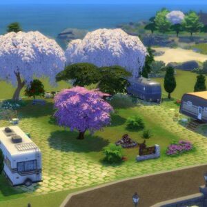 Village pittoresque dans *Les Sims 4* avec camping-cars et fleurs.