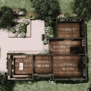 Vue aérienne d'une maison dans *Les Sims 4* avec salon, bureau et jardin