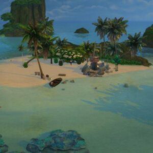 Île paradisiaque dans *Les Sims 4*, vue aérienne.