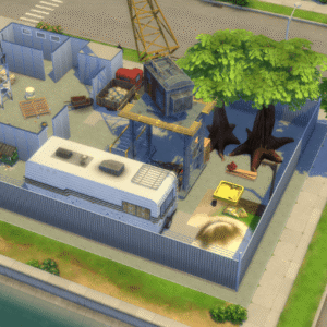 Vue aérienne d'un chantier de construction dans *Les Sims 4* avec bâtiments et engins.
