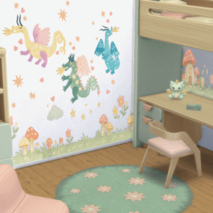 Chambre d'enfant Sims 4 thème dragons et champignons, meubles pastel.