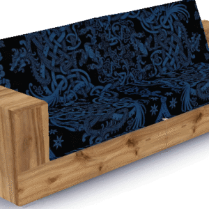 Canapé en bois avec motif bleu dans *Les Sims 4*
