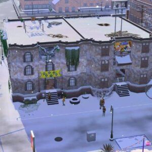 Ville enneigée dans *Les Sims 4* avec bâtiments et habitants virtuels