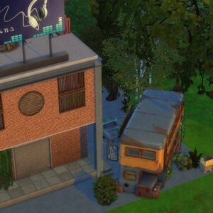 Bâtiment et camping-car dans *Les Sims 4*, vue extérieure.