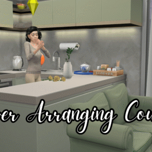 Personnage des Sims 4 arrangeant un comptoir de cuisine moderne