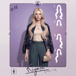 Personnage Sims 4 avec veste noire, cheveux blonds et sac à main