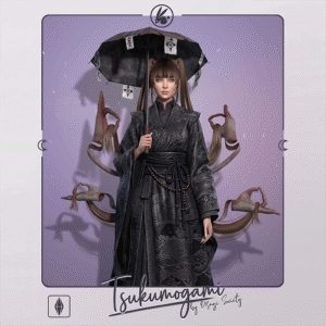 Illustration Tsukumogami, robe noire, Sims 4, société Magi