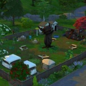 Jardin thématique du jeu vidéo Les Sims 4 avec décors et plantes