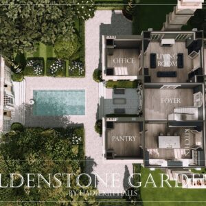 Vue aérienne d'une maison Oldenstone Gardens dans *Les Sims 4* par Hadleigh Halls