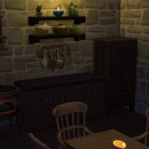 Intérieur rustique de café dans *Les Sims 4* avec table et décorations.