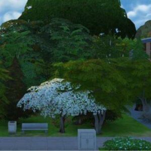 Arbre en fleurs dans un parc du jeu *Les Sims 4*