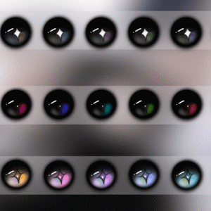 Trois versions de yeux stylisés pour Sims 4, 7 couleurs chacune.