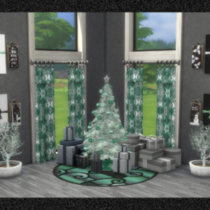 Arbre de Noël décoré dans une pièce du jeu *Les Sims 4* avec cadeaux et ambiance festive