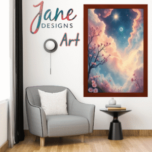 Art mural 'Jane Designs' : ciel étoilé avec arbre en fleurs, style Sims 4