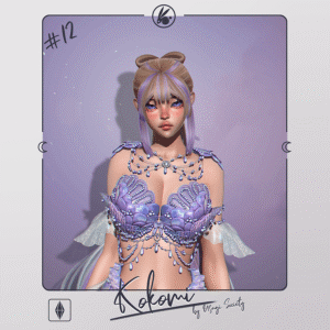 Illustration d'un personnage féminin stylisé de *Les Sims 4* avec une tenue élégante violette et bleue.