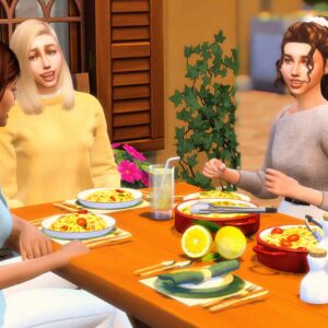 Trois personnages du jeu Sims 4 dînant ensemble dans une ambiance chaleureuse