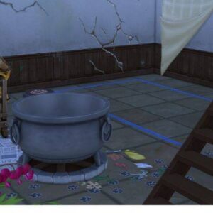 Cuisine traditionnelle dans *Les Sims 4* avec chaudron et décor rustique