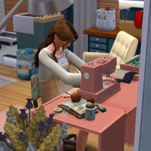 Jeune femme jouant avec une machine à coudre dans *Les Sims 4*