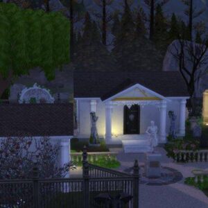 Maison élégante des Sims 4 au crépuscule, jeu vidéo.