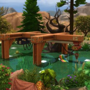 Pont en bois dans un jardin aquatique, jeu Les Sims 4