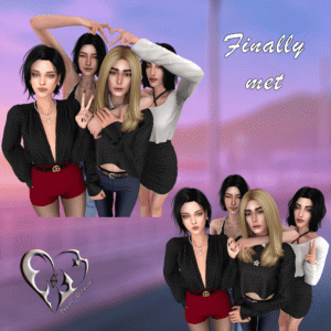 Quatre avatars du jeu Sims 4 enfin réunis en pose festive
