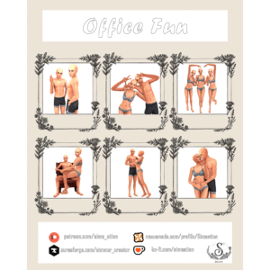 Illustrations humoristiques de personnages du jeu Sims 4 en tenue de plage au bureau