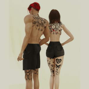 Tatouages thématiques du jeu *Les Sims 4*, homme et femme dos à dos