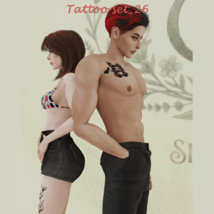 Personnages du jeu Sims 4 avec tatouages, vue de dos et profil