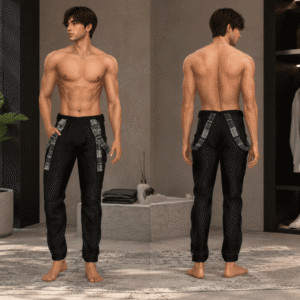 Jeu vidéo The Sims 4 : avatar masculin en sous-vêtements avec pantalon à motifs.