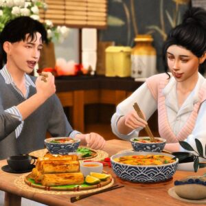 Deux Sims 4 partageant un repas japonais convivial