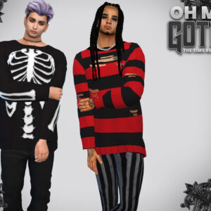 Deux Sims 4 en tenues gothiques stylisées, jeu vidéo.