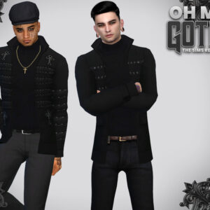 Deux Sims 4 en style gothique noir, accessoires inclus.