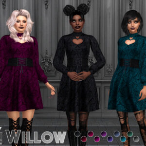 Trois avatars Sims 4 en tenues gothiques colorées, jeu vidéo.