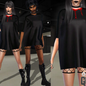 Robe gothique noire avec accessoires pour Sims 4, chaussures et bas résille