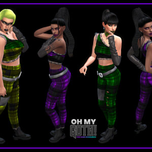 Personnages Sims 4 en tenues gothiques colorées, vue de dos et de profil
