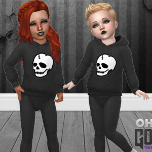 Deux Sims 4 en hoodies noirs avec crâne, jeu vidéo.
