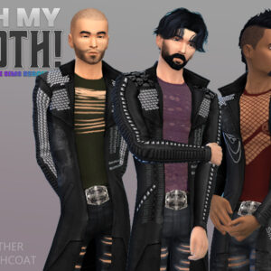 Mannequins Sims 4 en trench-coats cuir gothiques, jeu vidéo.