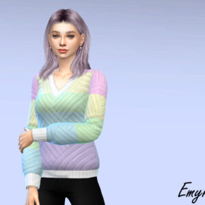 Personnage Sims 4 en pull ombré pastel et cheveux violets