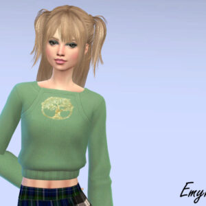 Jeune femme dans Sims 4, chemise verte et jupe écossaise