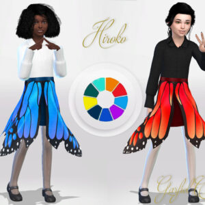 Vêtements papillon Hiroko pour *Les Sims 4*, versions bleu et orange.