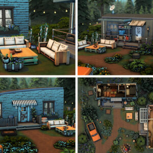 Concepts de maisons et décors du jeu *Les Sims 4* avec vue intérieure et extérieure.