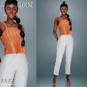 Modèle Sims 4 portant une blouse orange à motifs et pantalon blanc