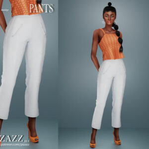 Pantalons blancs et haut orange à motifs pour avatar féminin dans *Les Sims 4*