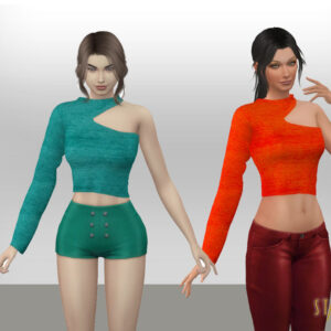 Deux avatars Sims 4 en tenues élégantes, vert et orange.