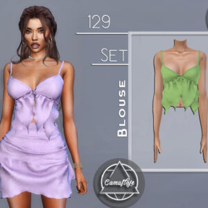 Ensemble robe et blouse décolletée pour Sims 4, couleurs lavande et verte
