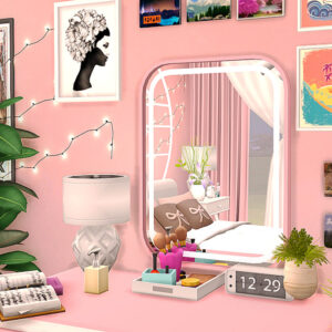 Coins de chambre virtuel *Les Sims 4* avec miroir rose et décorations.