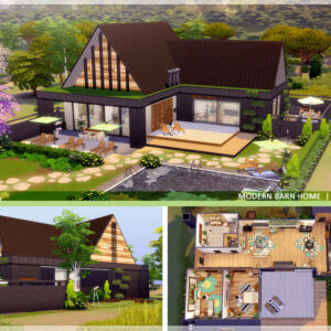 Maison de ferme moderne dans *Les Sims 4* avec vue intérieure et extérieure