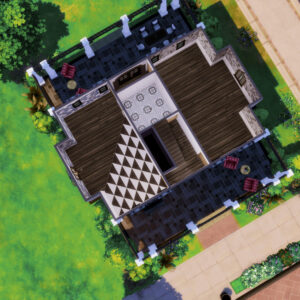 Vue aérienne d'une maison dans *Les Sims 4* avec patio et jardin