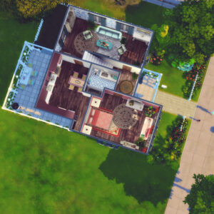 Vue aérienne d'une maison dans *Les Sims 4* avec patio et jardin