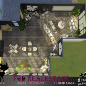 Plan d'intérieur de salon pour *Les Sims 4* par Merit Selket Designs